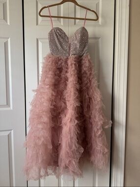 ROMWE Pink Strapless Ruffle Tulle Ball Gown with Sparkle Bodice